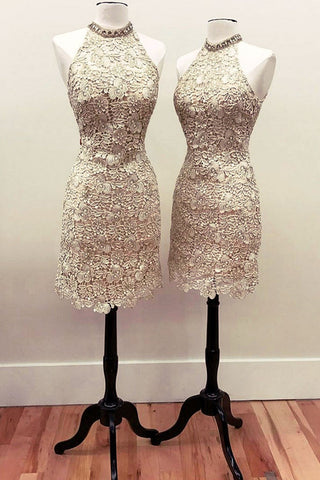 Mermaid Champagne Lace Short Prom Homecoming Dresses, Champagne Lace Formal Dresses, Mermaid Champagne Evening Dresses