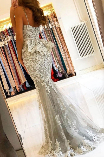 Mermaid Gray Lace Long Prom Dresses, Mermaid Gray Formal Dresses, Gray Lace Evening Dresses