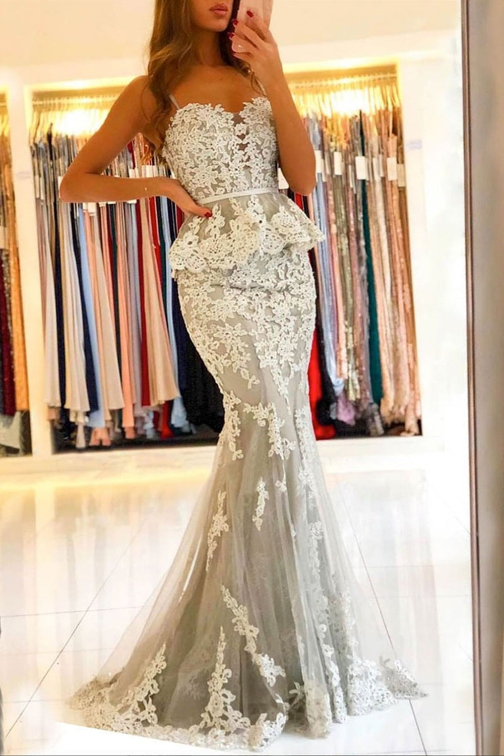 Mermaid Gray Lace Long Prom Dresses, Mermaid Gray Formal Dresses, Gray Lace Evening Dresses