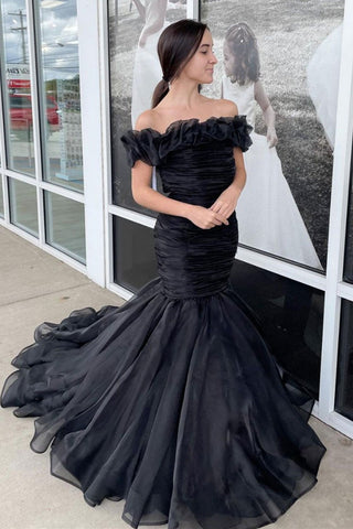 Mermaid Off Shoulder Black Long Prom Dresses, Mermaid Black Formal Evening Dresses, Black Ball Gown