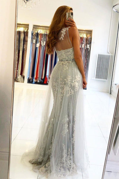 Mermaid One Shoulder Gray Lace Long Prom Dresses, Mermaid Gray Formal Dresses, Gray Lace Evening Dresses