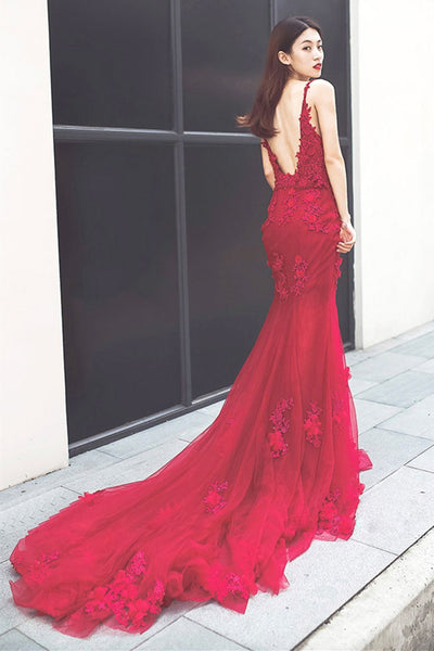 Mermaid Open Back Burgundy Lace Long Prom Dresses with Train, Mermaid Burgundy Formal Dresses, Burgundy Lace Evening Dresses