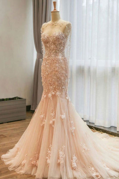 Mermaid Pink Lace Floral Long Prom Dresses, Mermaid Pink Formal Dresses, Pink Lace Evening Dresses