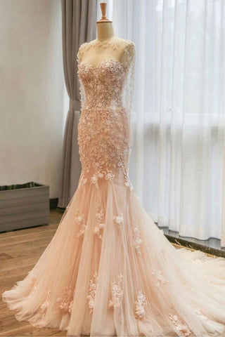 Mermaid Pink Lace Floral Long Prom Dresses, Mermaid Pink Formal Dresses, Pink Lace Evening Dresses