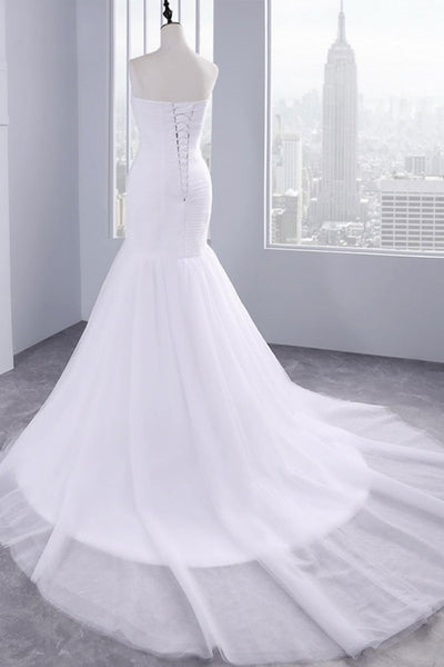 Mermaid Sweetheart Neck White Tulle Long Prom Dresses, Strapless Mermaid White Formal Dresses, White Evening Dresses