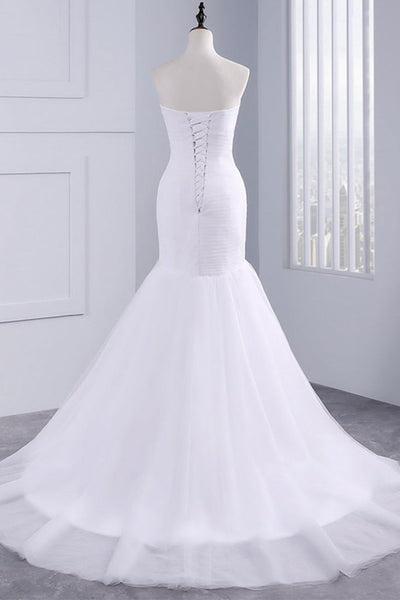 Mermaid Sweetheart Neck White Tulle Long Prom Dresses, Strapless Mermaid White Formal Dresses, White Evening Dresses