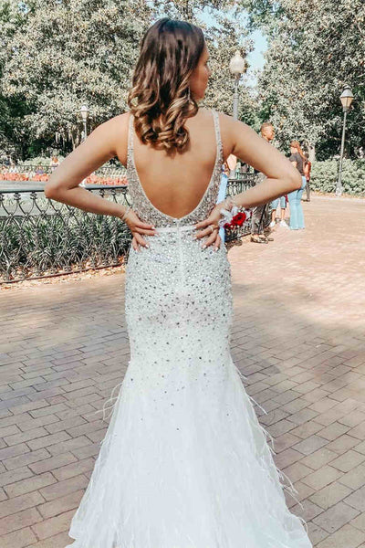 Mermaid V Neck Backless Ivory Beaded Long Prom Dresses, Mermaid Ivory Formal Dresses, Ivory Beaded Evening Dresses