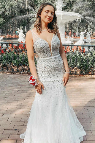Mermaid V Neck Backless Ivory Beaded Long Prom Dresses, Mermaid Ivory Formal Dresses, Ivory Beaded Evening Dresses