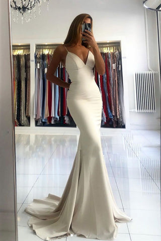 Mermaid V Neck Backless Ivory Long Prom Dresses, Mermaid Ivory Formal Dresses, Ivory Evening Dresses