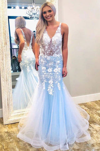 Mermaid V Neck Blue Long Prom Dresses with Lace Appliques, Mermaid Blue Lace Formal Dresses, Blue Mermaid Evening Dresses