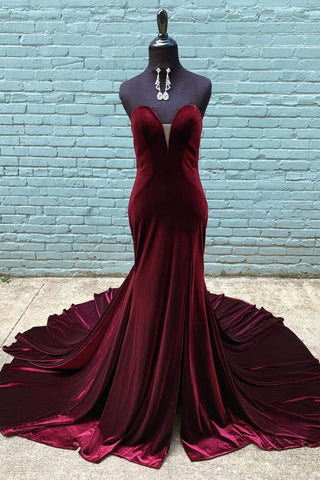 Mermaid V Neck Burgundy Velvet Long Prom Dresses, Mermaid Burgundy Formal Dresses, Maroon Evening Dresses