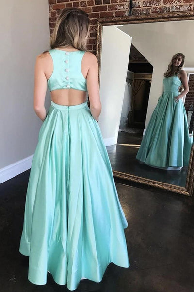 Mint Green Satin Long Prom Dresses Round Neck Mint Green Formal Graduation Evening Dresses with Pocket