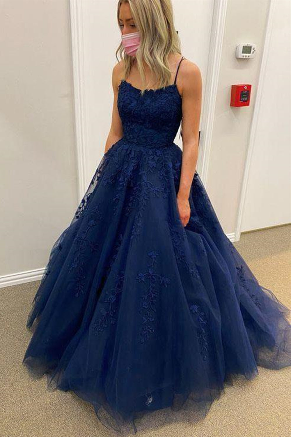 Navy Blue Lace Long Prom Dresses, Navy Blue Formal Evening Dresses, Lace Party Dresses