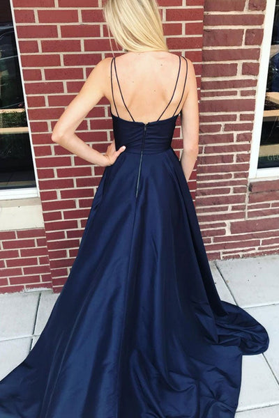 Navy Blue Satin V Neck Backless High Slit Long Prom Dresses, V Neck Navy Blue Formal Dresses, Backless Navy Blue Evening Dresses