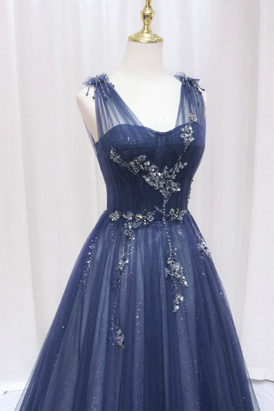 Navy Blue Tulle A Line Beaded Long Prom Dresses, Dark Blue Formal Graduation Evening Dresses WT1164