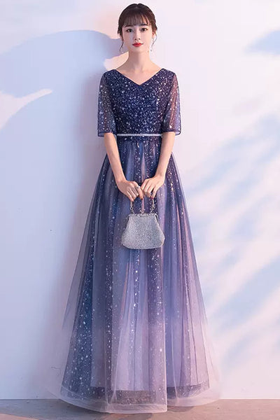 Navy Blue Tulle Shiny Half Sleeves Floor Length Long Prom Dresses, Navy Blue Formal Graduation Evening Dresses WT1075
