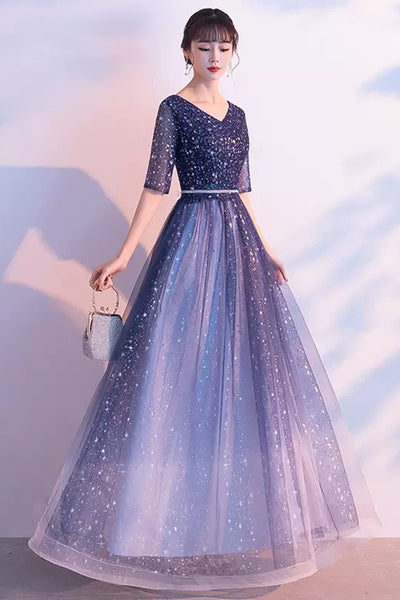 Navy Blue Tulle Shiny Half Sleeves Floor Length Long Prom Dresses, Navy Blue Formal Graduation Evening Dresses WT1075