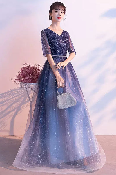 Navy Blue Tulle Shiny Half Sleeves Floor Length Long Prom Dresses, Navy Blue Formal Graduation Evening Dresses WT1075