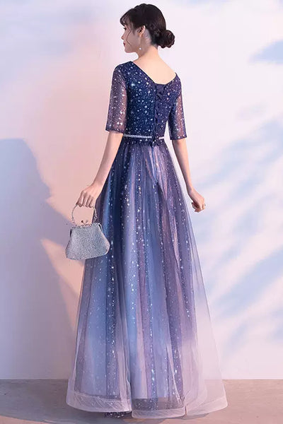 Navy Blue Tulle Shiny Half Sleeves Floor Length Long Prom Dresses, Navy Blue Formal Graduation Evening Dresses WT1075
