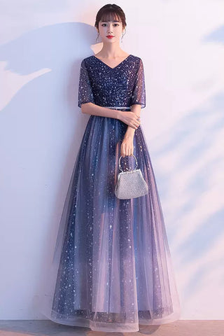 Navy Blue Tulle Shiny Half Sleeves Floor Length Long Prom Dresses, Navy Blue Formal Graduation Evening Dresses WT1075