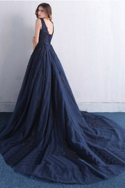 Navy Blue Tulle V Neck Lace Beaded Long Prom Dresses, Navy Blue Lace Formal Dresses, Navy Blue Evening Dresses