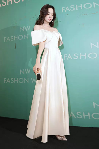 Off Shoulder Beaded Champagne Long Prom Dresses, Champagne Formal Graduation Evening Dresses WT1001
