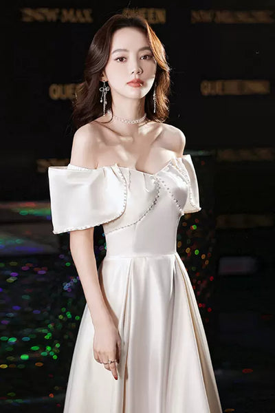 Off Shoulder Beaded Champagne Long Prom Dresses, Champagne Formal Graduation Evening Dresses WT1001