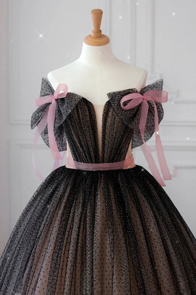 Off Shoulder Black Dot Tulle Long Prom Dresses, Off the Shoulder Black Formal Dresses, Black Evening Dresses