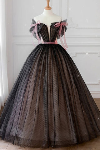 Off Shoulder Black Dot Tulle Long Prom Dresses, Off the Shoulder Black Formal Dresses, Black Evening Dresses