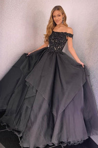 Off Shoulder Black Lace Beaded Long Prom Dresses, Black Lace Formal Dresses, Black Evening Dresses