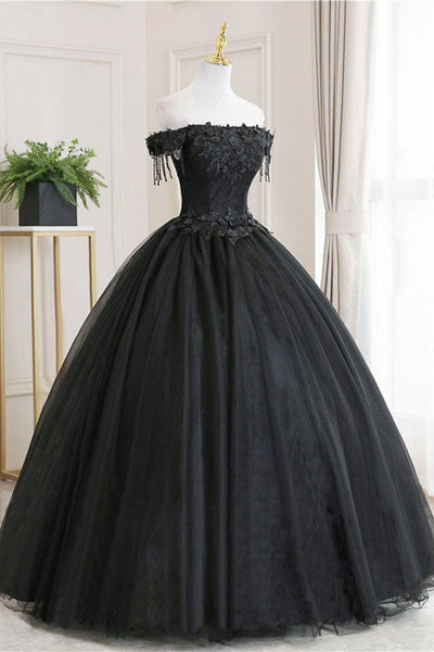 Off Shoulder Black Lace Long Prom Dresses, Black Lace Formal Evening Dresses, Black Ball Gown