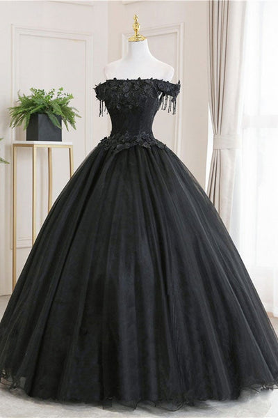 Off Shoulder Black Lace Long Prom Dresses, Black Lace Formal Evening Dresses, Black Ball Gown