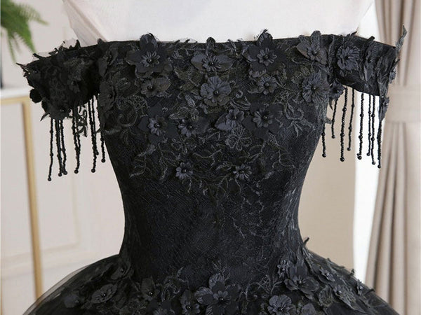 Off Shoulder Black Lace Long Prom Dresses, Black Lace Formal Evening Dresses, Black Ball Gown