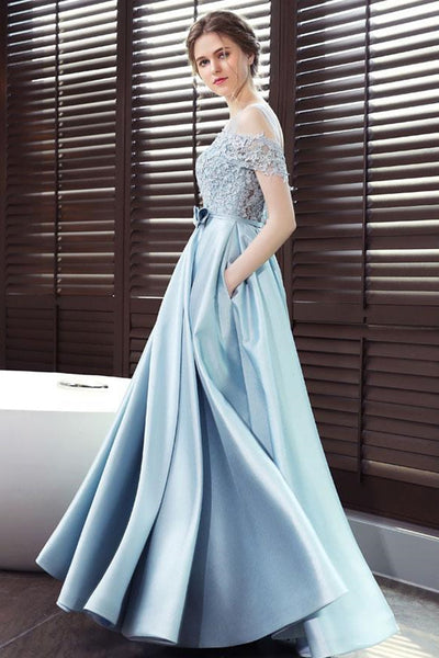 Off Shoulder Blue Lace Long Prom Dresses, Off the Shoulder Blue Formal Dresses, Blue Lace Evening Dresses