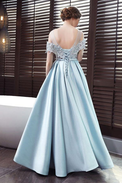 Off Shoulder Blue Lace Long Prom Dresses, Off the Shoulder Blue Formal Dresses, Blue Lace Evening Dresses