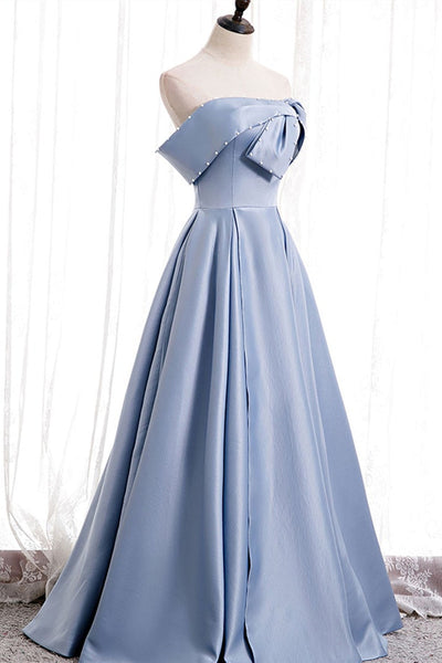 Off Shoulder Blue Satin Beaded Long Prom Dresses, Off the Shoulder Blue Formal Evening Dresses