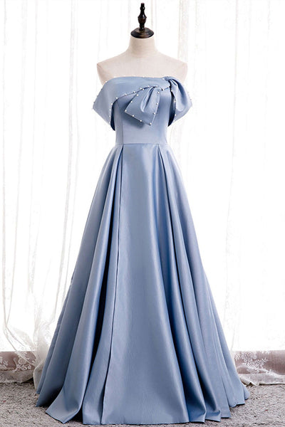 Off Shoulder Blue Satin Beaded Long Prom Dresses, Off the Shoulder Blue Formal Evening Dresses