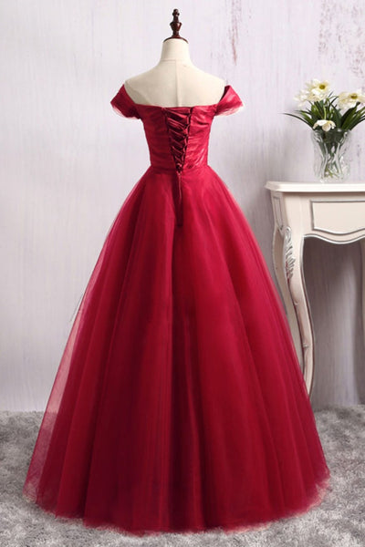 Off Shoulder Burgundy/Gray Tulle Long Prom Dresses, Long Burgundy/Gray Formal Evening Dresses