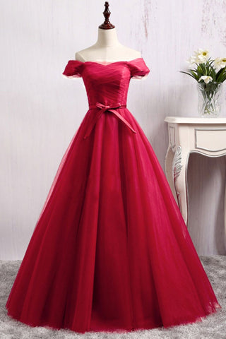 Off Shoulder Burgundy/Gray Tulle Long Prom Dresses, Long Burgundy/Gray Formal Evening Dresses