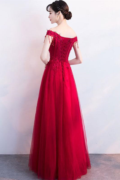 Off Shoulder Burgundy Lace Long Prom Dresses, Burgundy Lace Formal Graduation Evening Dresses