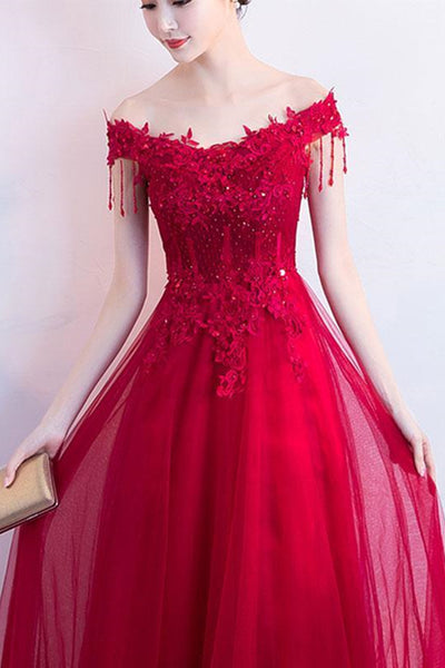 Off Shoulder Burgundy Lace Long Prom Dresses, Burgundy Lace Formal Graduation Evening Dresses