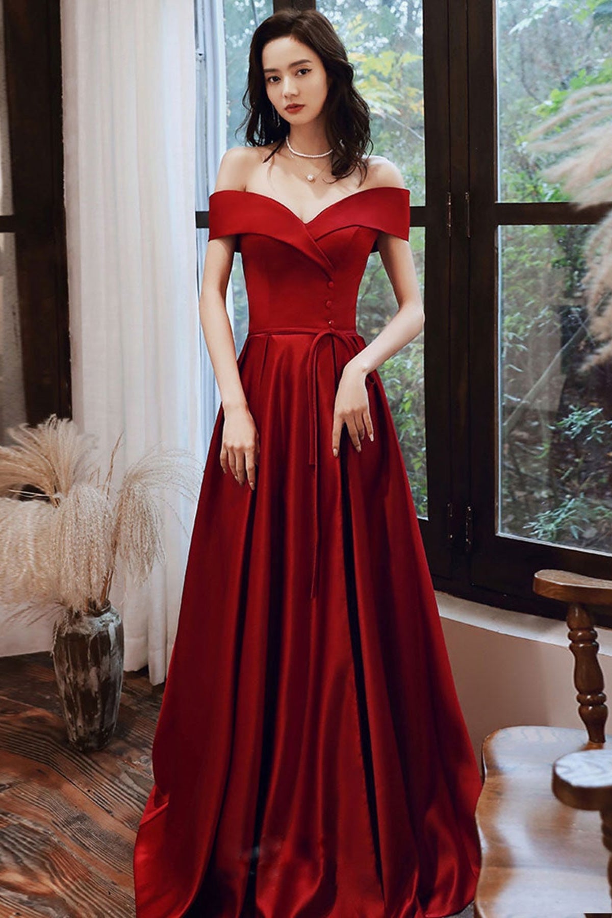 Off Shoulder Burgundy Satin Long Prom Dresses with High Slit, Off the Shoulder Burgundy Formal Graduation Evening Dresses