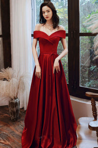 Off Shoulder Burgundy Satin Long Prom Dresses with High Slit, Off the Shoulder Burgundy Formal Graduation Evening Dresses