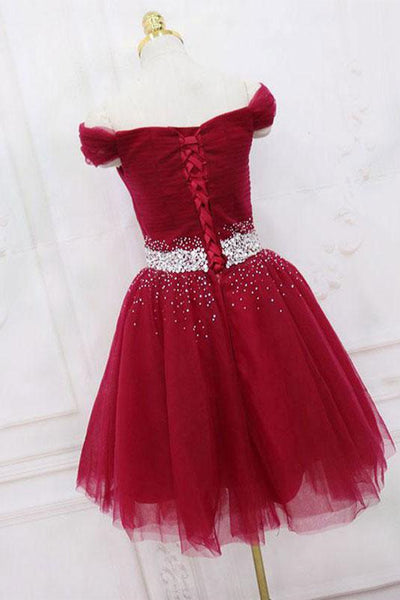 Off Shoulder Burgundy Short Prom Dresses with Sequins, Off the Shoulder Burgundy Homecoming Dresses, Burgundy Formal Graduation Evening Dresses