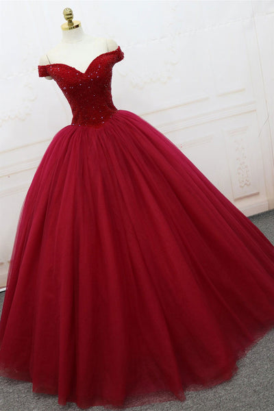 Off Shoulder Burgundy Tulle Beaded Long Prom Dresses, Off the Shoulder Burgundy Formal Evening Dresses, Burgundy Ball Gown