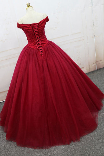 Off Shoulder Burgundy Tulle Beaded Long Prom Dresses, Off the Shoulder Burgundy Formal Evening Dresses, Burgundy Ball Gown