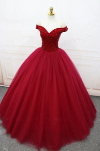 Off Shoulder Burgundy Tulle Beaded Long Prom Dresses, Off the Shoulder Burgundy Formal Evening Dresses, Burgundy Ball Gown
