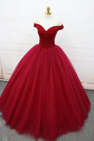 Off Shoulder Burgundy Tulle Beaded Long Prom Dresses, Off the Shoulder Burgundy Formal Evening Dresses, Burgundy Ball Gown