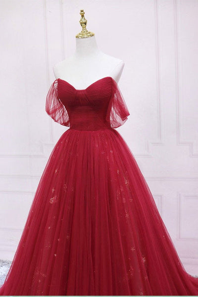 Off Shoulder Burgundy Tulle Long Prom Dresses, Off the Shoulder Burgundy Formal Dresses, Burgundy Evening Dresses