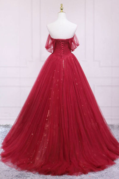 Off Shoulder Burgundy Tulle Long Prom Dresses, Off the Shoulder Burgundy Formal Dresses, Burgundy Evening Dresses